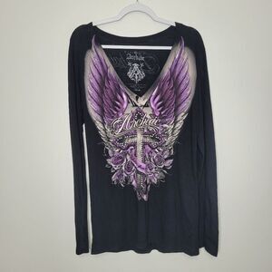 Archaic black purple cyber goth deep v long sleeve tunic grunge top size xl